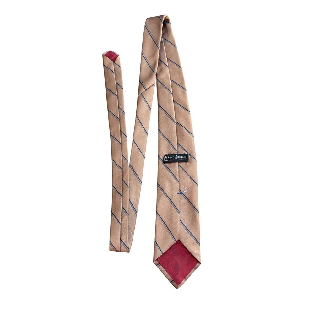 Yves Saint Laurent YSL Mens Vintage Silk Tie Tan Blue Striped Designer Necktie
